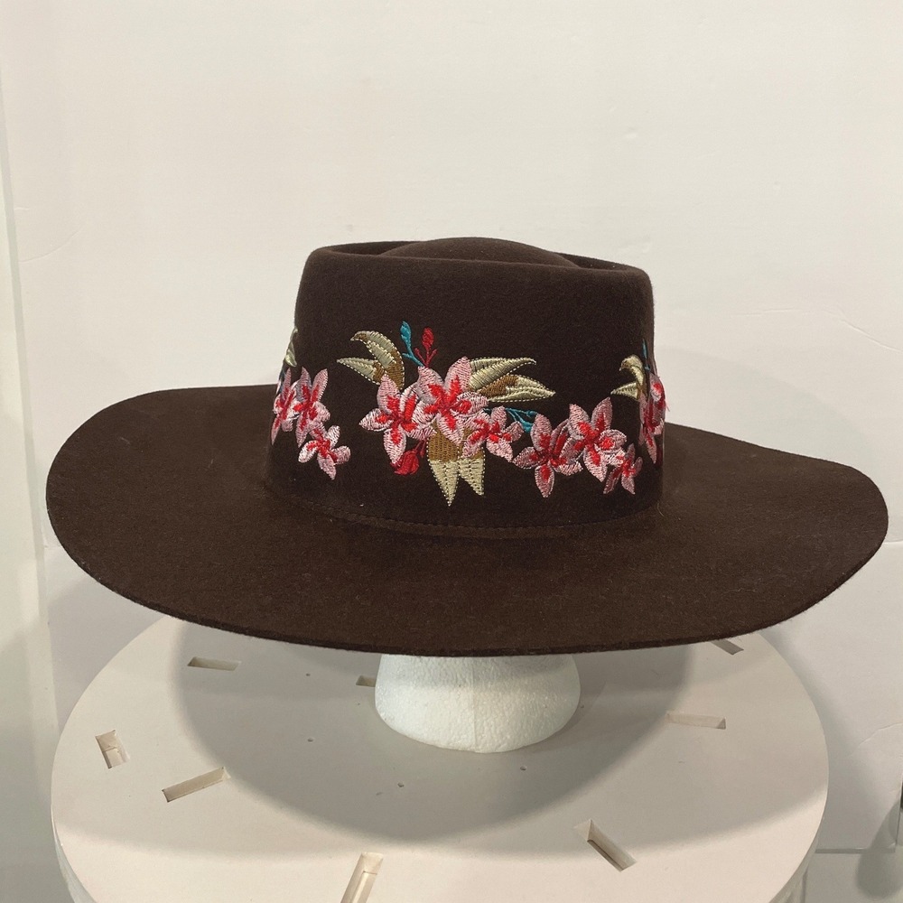 WYETH x Frida Kahlo Brown 100% Wool Wide Brim Hat Floral Embroidery Hatband